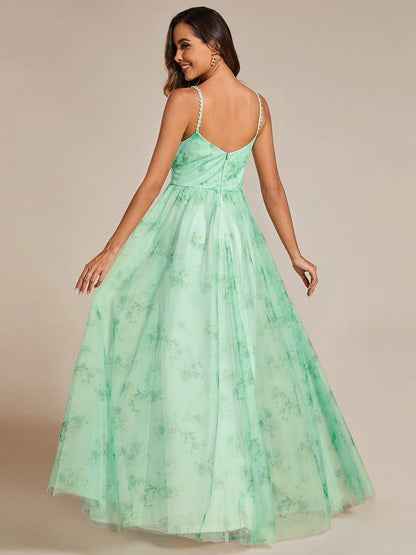 ever EMMIE|Floral Printed Empire Waist Spaghetti Strap Formal Evening Dress with V-Neck