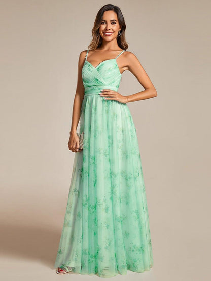 ever EMMIE|Floral Printed Empire Waist Spaghetti Strap Formal Evening Dress with V-Neck