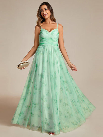 ever EMMIE|Floral Printed Empire Waist Spaghetti Strap Formal Evening Dress with V-Neck
