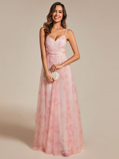 ever EMMIE|Floral Printed Empire Waist Spaghetti Strap Formal Evening Dress with V-Neck