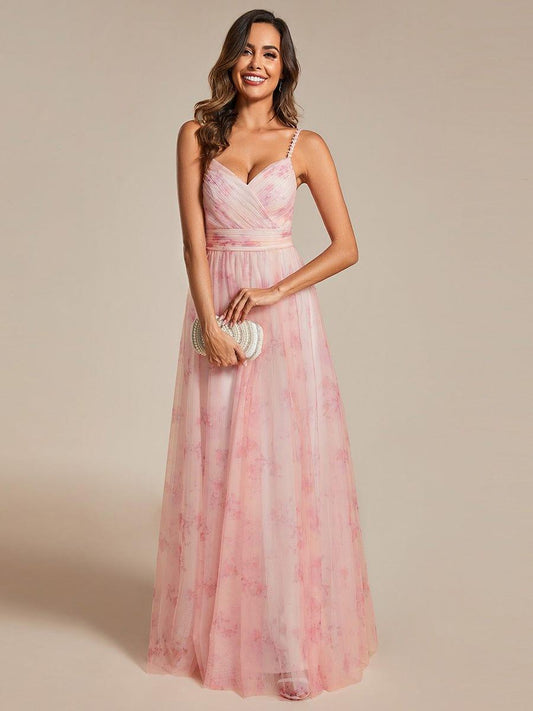 ever EMMIE|Floral Printed Empire Waist Spaghetti Strap Formal Evening Dress with V-Neck