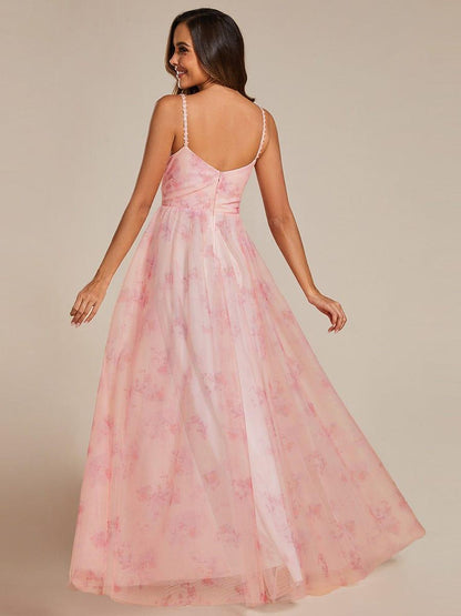 ever EMMIE|Floral Printed Empire Waist Spaghetti Strap Formal Evening Dress with V-Neck