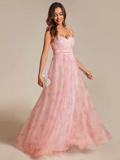 ever EMMIE|Floral Printed Empire Waist Spaghetti Strap Formal Evening Dress with V-Neck