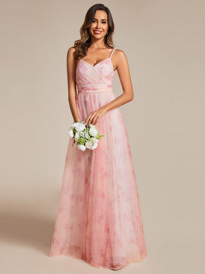 ever EMMIE|Floral Printed Empire Waist Spaghetti Strap Formal Evening Dress with V-Neck