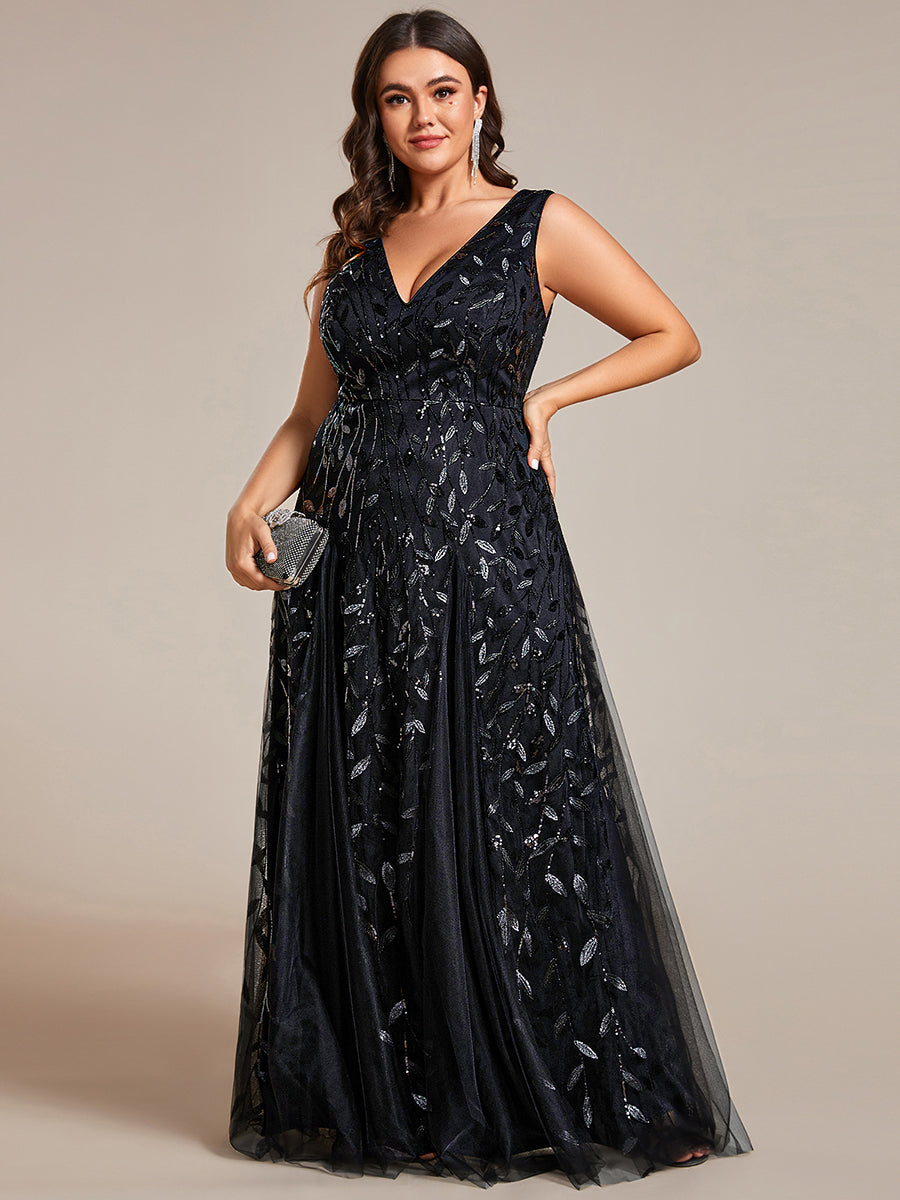 ever ZOEY|V-Neck Leaf Sequin Sleeveless A-Line Formal Evening Dress with Tulle