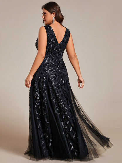 ever ZOEY|V-Neck Leaf Sequin Sleeveless A-Line Formal Evening Dress with Tulle