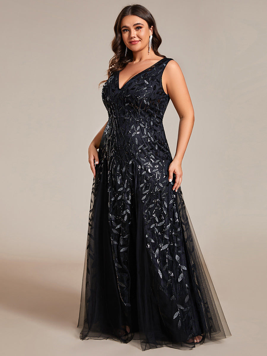 pretty ZOEY|Plus Size Sparkling Sleeveless Leaf Sequin A-Line Formal Evening Dress