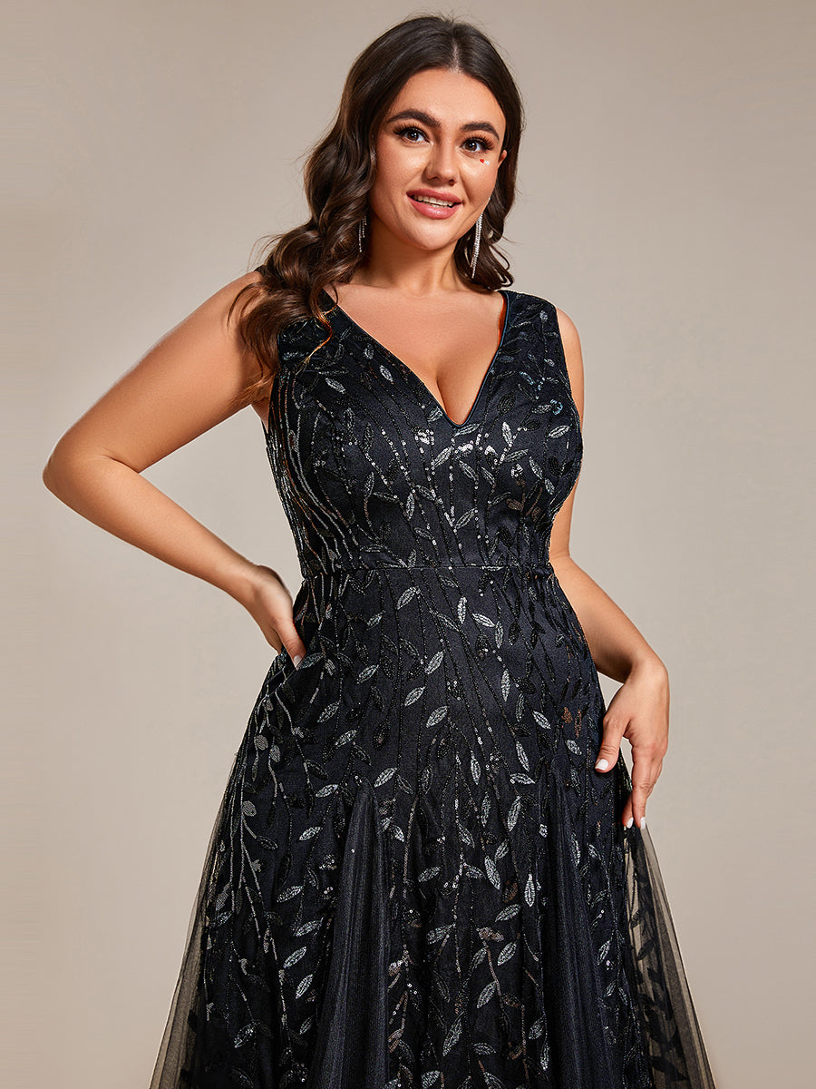ever ZOEY|V-Neck Leaf Sequin Sleeveless A-Line Formal Evening Dress with Tulle
