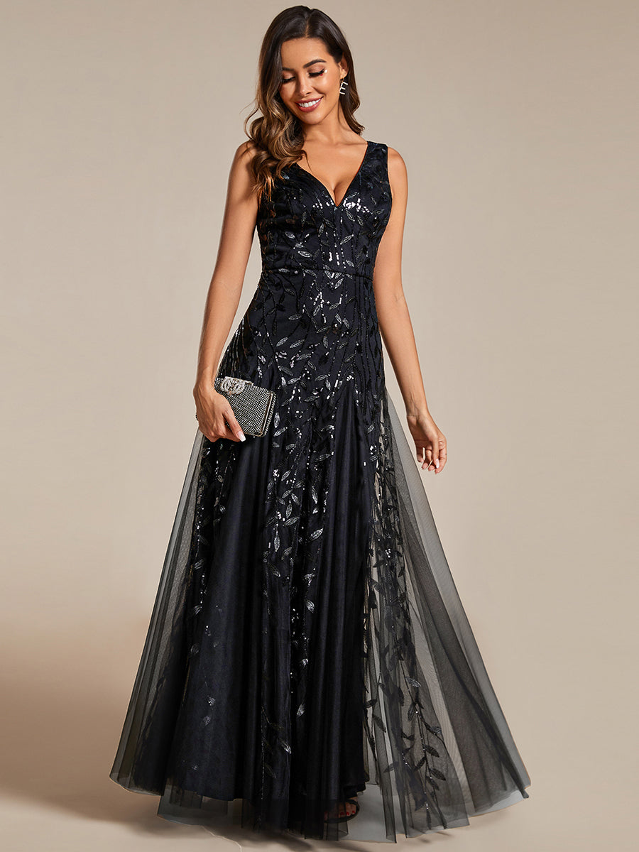 ever ZOEY|V-Neck Leaf Sequin Sleeveless A-Line Formal Evening Dress with Tulle