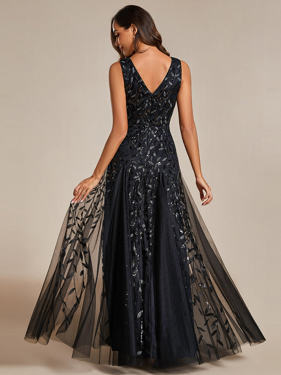 ever ZOEY|V-Neck Leaf Sequin Sleeveless A-Line Formal Evening Dress with Tulle