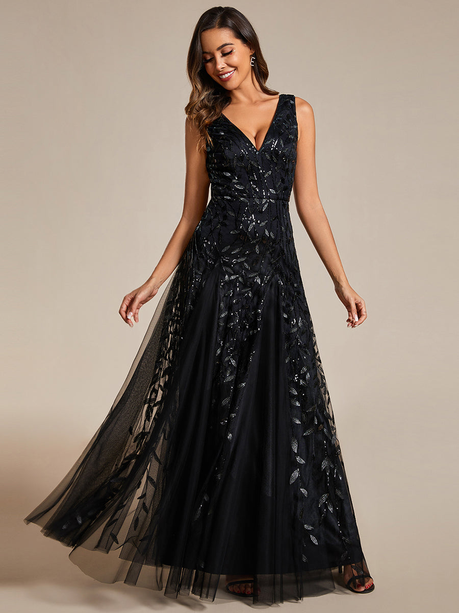 ever ZOEY|V-Neck Leaf Sequin Sleeveless A-Line Formal Evening Dress with Tulle