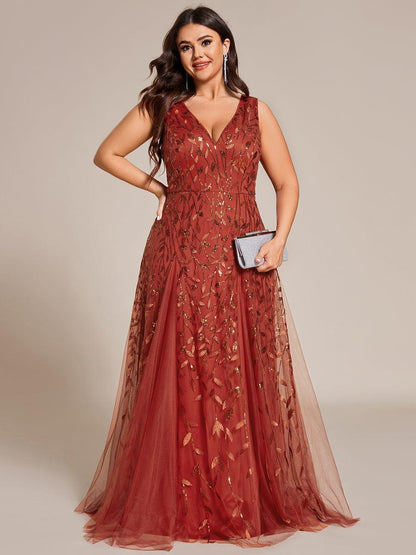 pretty ZOEY|Plus Size Sparkling Sleeveless Leaf Sequin A-Line Formal Evening Dress