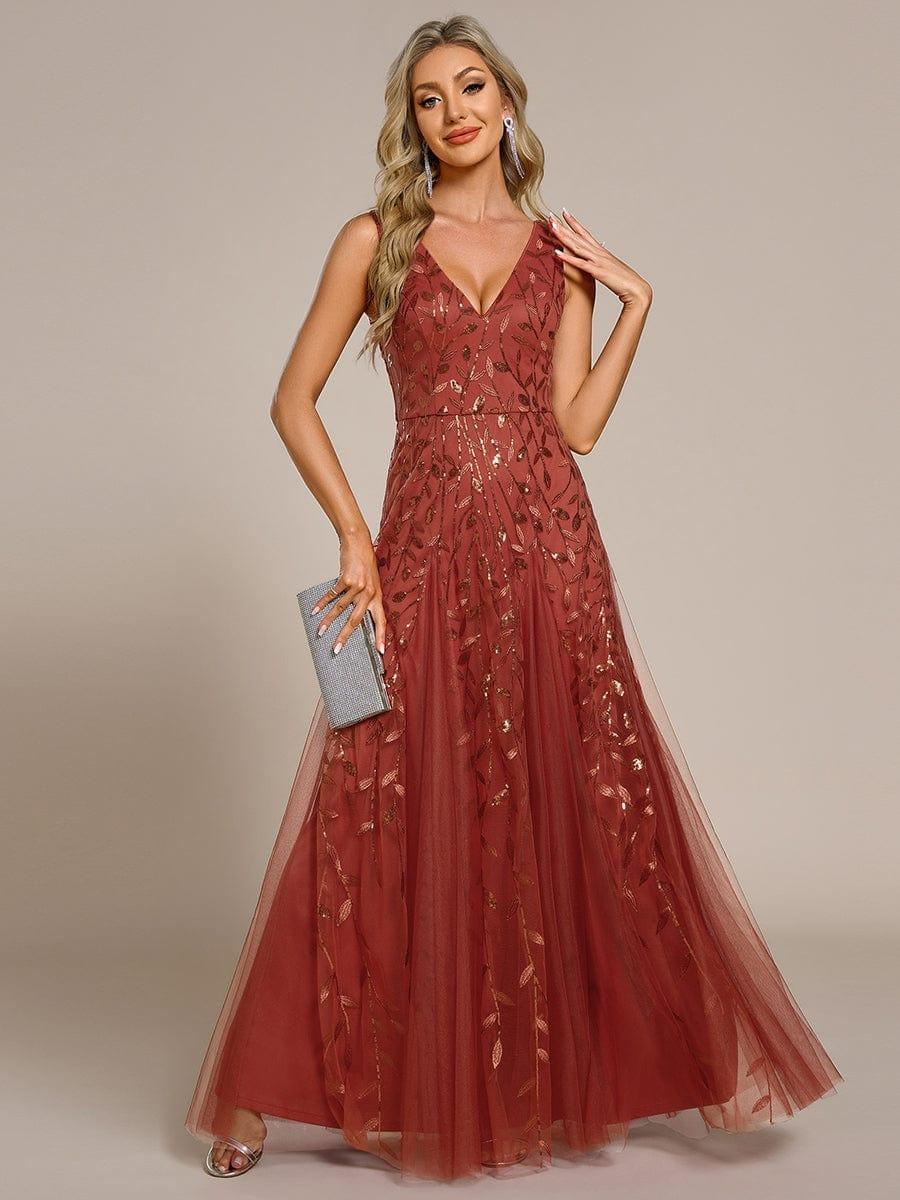 ever ZOEY|V-Neck Leaf Sequin Sleeveless A-Line Formal Evening Dress with Tulle