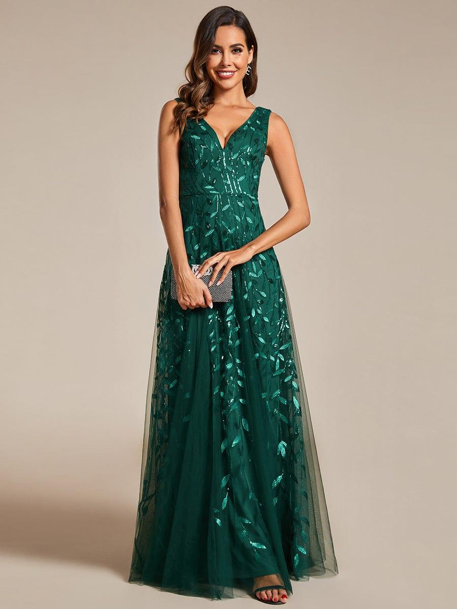 ever ZOEY|V-Neck Leaf Sequin Sleeveless A-Line Formal Evening Dress with Tulle