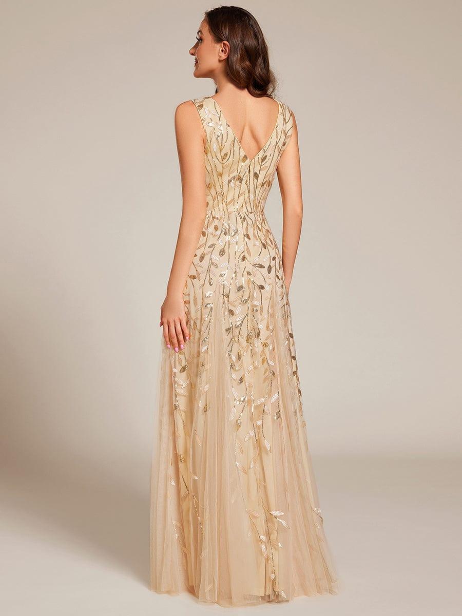 ever ZOEY|V-Neck Leaf Sequin Sleeveless A-Line Formal Evening Dress with Tulle
