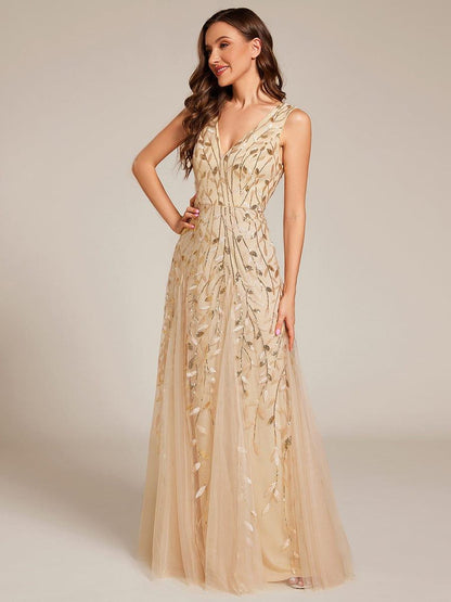 pretty ZOEY|Plus Size Sparkling Sleeveless Leaf Sequin A-Line Formal Evening Dress