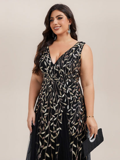 ever ZOEY|V-Neck Leaf Sequin Sleeveless A-Line Formal Evening Dress with Tulle