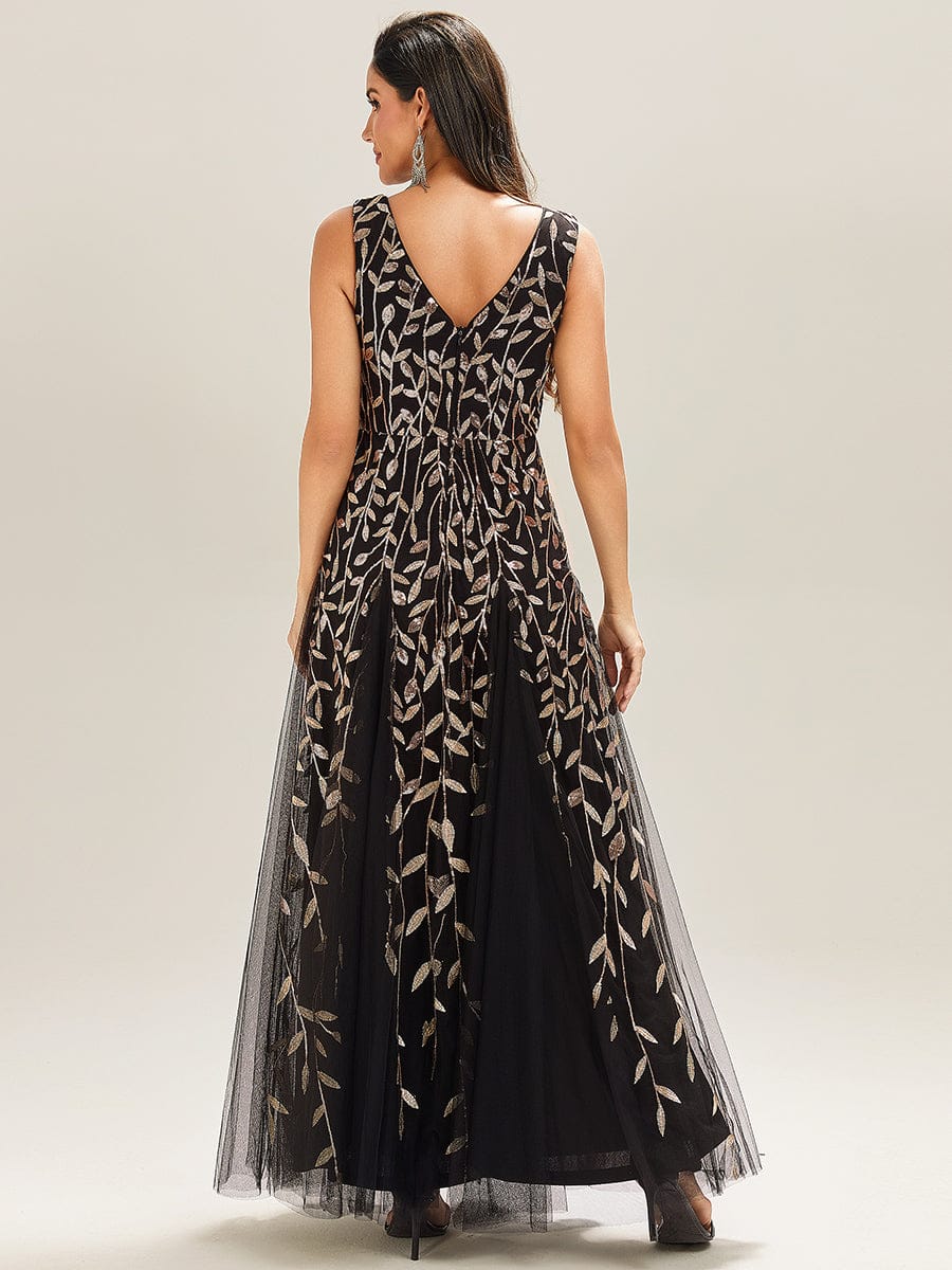 ever ZOEY|V-Neck Leaf Sequin Sleeveless A-Line Formal Evening Dress with Tulle