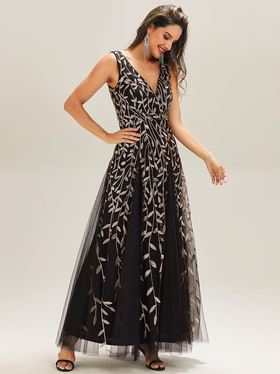 ever ZOEY|V-Neck Leaf Sequin Sleeveless A-Line Formal Evening Dress with Tulle