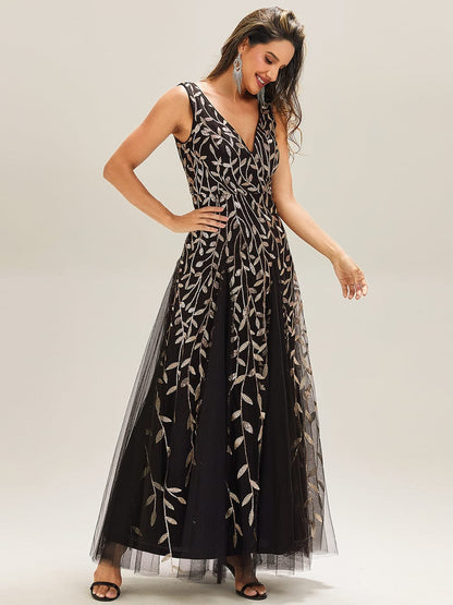 ever ZOEY|V-Neck Leaf Sequin Sleeveless A-Line Formal Evening Dress with Tulle