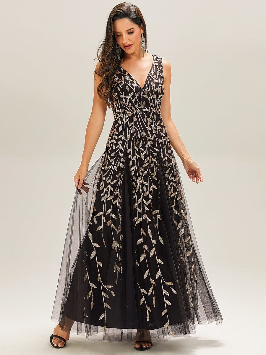 ever ZOEY|V-Neck Leaf Sequin Sleeveless A-Line Formal Evening Dress with Tulle