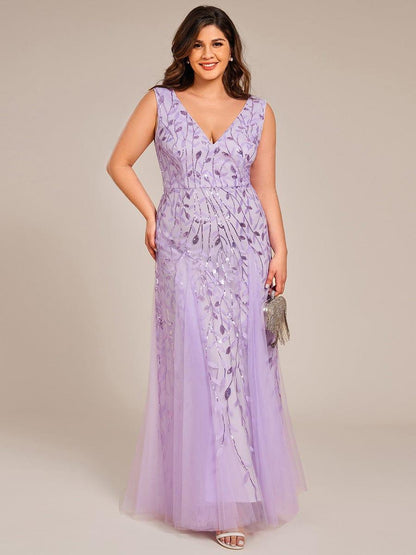 pretty ZOEY|Plus Size Sparkling Sleeveless Leaf Sequin A-Line Formal Evening Dress