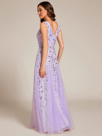 ever ZOEY|V-Neck Leaf Sequin Sleeveless A-Line Formal Evening Dress with Tulle