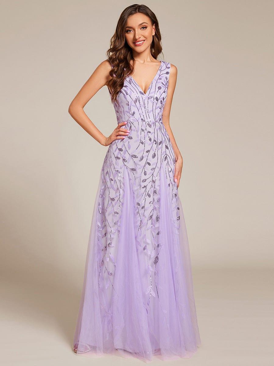 ever ZOEY|V-Neck Leaf Sequin Sleeveless A-Line Formal Evening Dress with Tulle