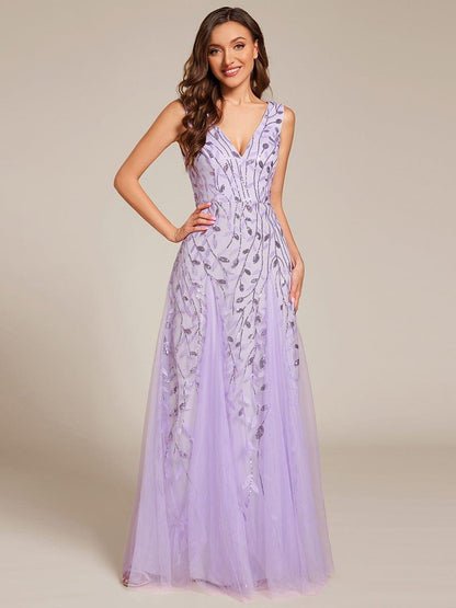 ever ZOEY|V-Neck Leaf Sequin Sleeveless A-Line Formal Evening Dress with Tulle
