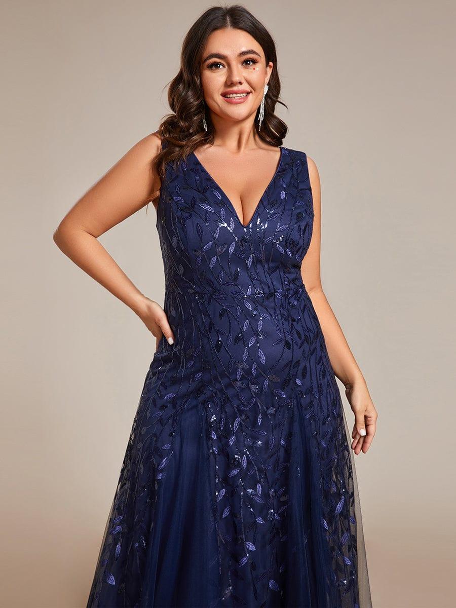 ever ZOEY|V-Neck Leaf Sequin Sleeveless A-Line Formal Evening Dress with Tulle