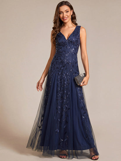 ever ZOEY|V-Neck Leaf Sequin Sleeveless A-Line Formal Evening Dress with Tulle