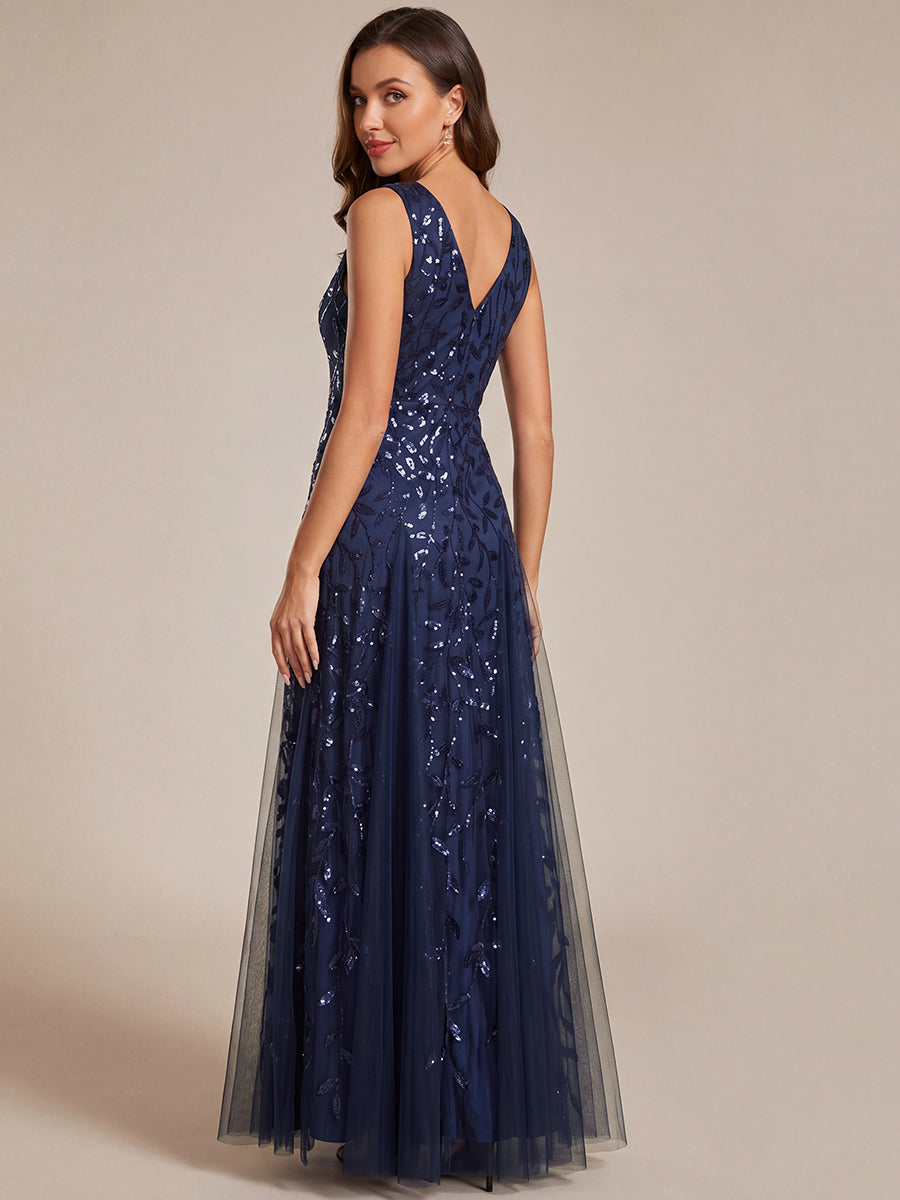 ever ZOEY|V-Neck Leaf Sequin Sleeveless A-Line Formal Evening Dress with Tulle