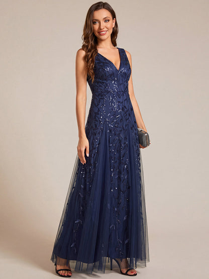 ever ZOEY|V-Neck Leaf Sequin Sleeveless A-Line Formal Evening Dress with Tulle