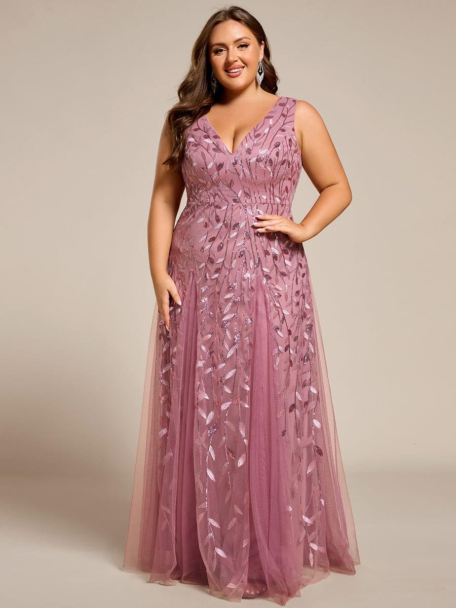 ever ZOEY|V-Neck Leaf Sequin Sleeveless A-Line Formal Evening Dress with Tulle