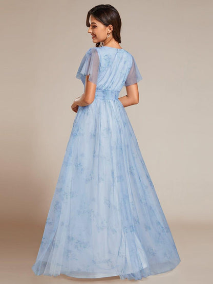 Elegant Floral Tulle V-Neck Short Sleeve Formal Evening Dress