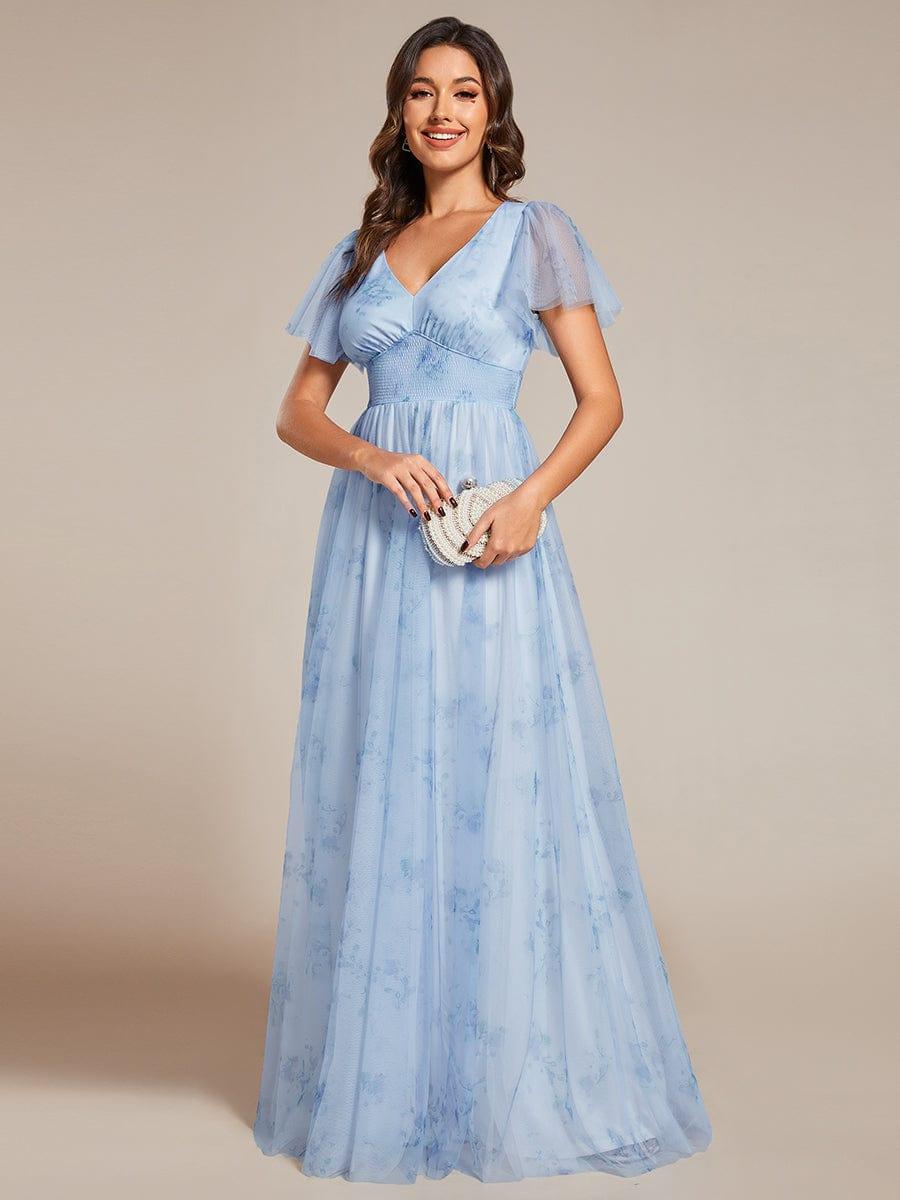 Elegant Floral Tulle V-Neck Short Sleeve Formal Evening Dress