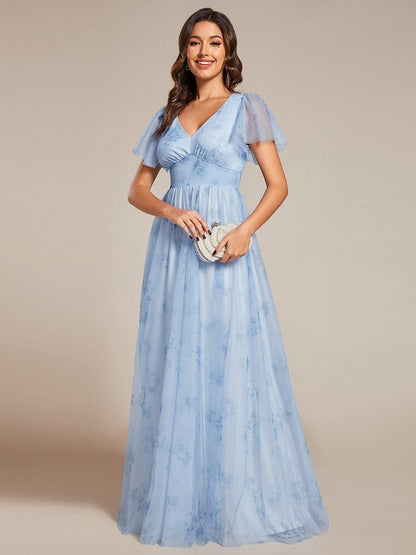 Elegant Floral Tulle V-Neck Short Sleeve Formal Evening Dress