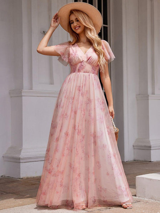 Elegant Floral Tulle V-Neck Short Sleeve Formal Evening Dress