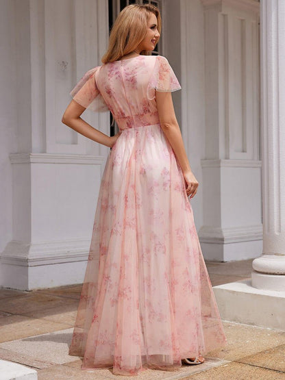 Elegant Floral Tulle V-Neck Short Sleeve Formal Evening Dress