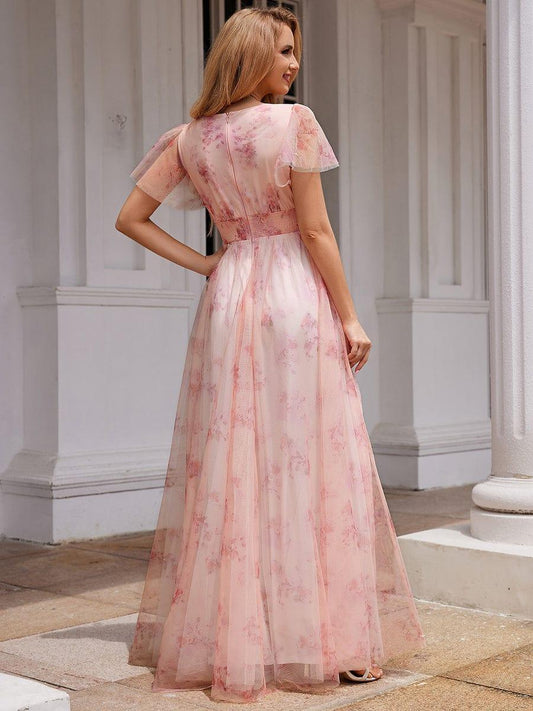 Elegant Floral Tulle V-Neck Short Sleeve Formal Evening Dress