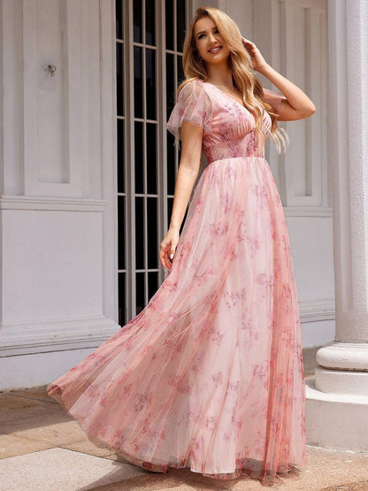 Elegant Floral Tulle V-Neck Short Sleeve Formal Evening Dress