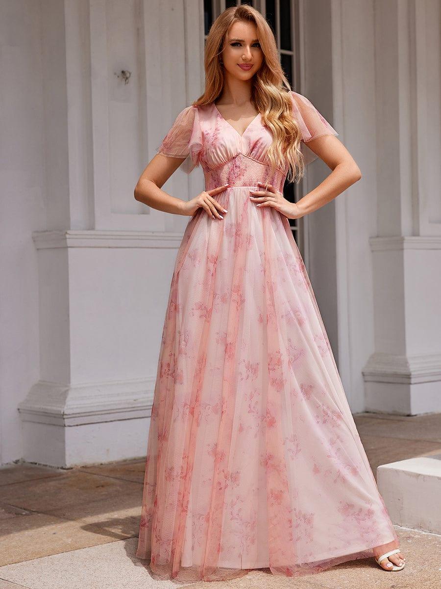 Elegant Floral Tulle V-Neck Short Sleeve Formal Evening Dress