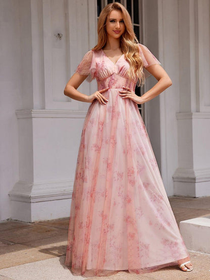 Elegant Floral Tulle V-Neck Short Sleeve Formal Evening Dress