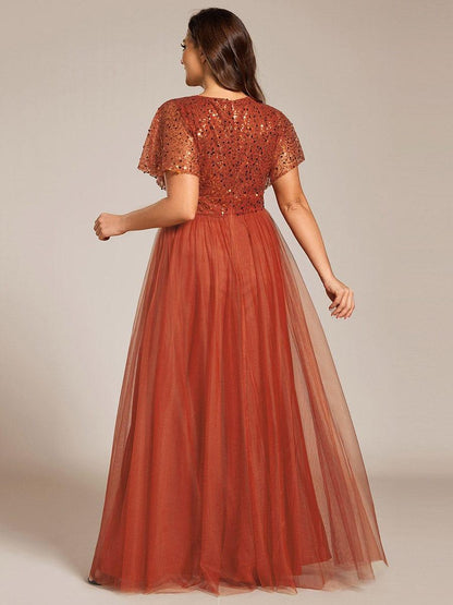 pretty NAVEYA|Plus Size Short Sleeves Sequin V-Neck Formal Evening Dress with Tulle
