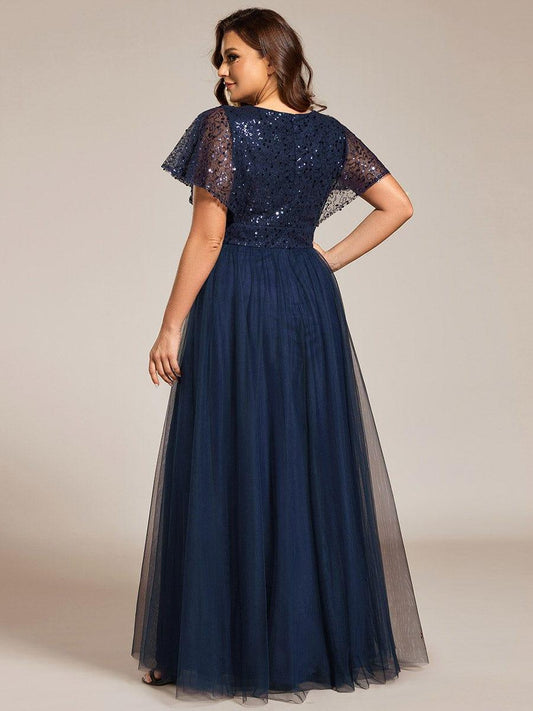 pretty NAVEYA|Plus Size Short Sleeves Sequin V-Neck Formal Evening Dress with Tulle