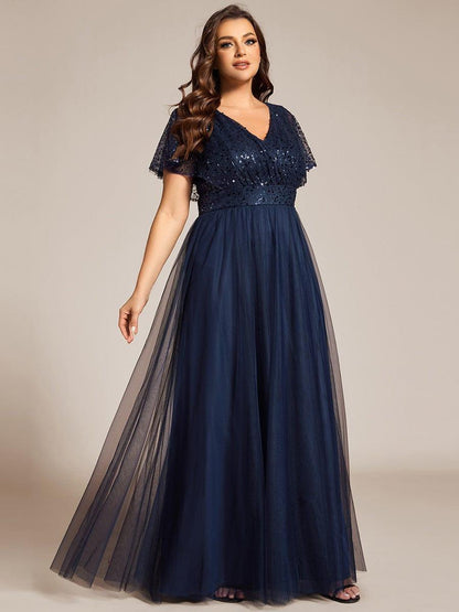 pretty NAVEYA|Plus Size Short Sleeves Sequin V-Neck Formal Evening Dress with Tulle