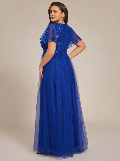 pretty NAVEYA|Plus Size Short Sleeves Sequin V-Neck Formal Evening Dress with Tulle