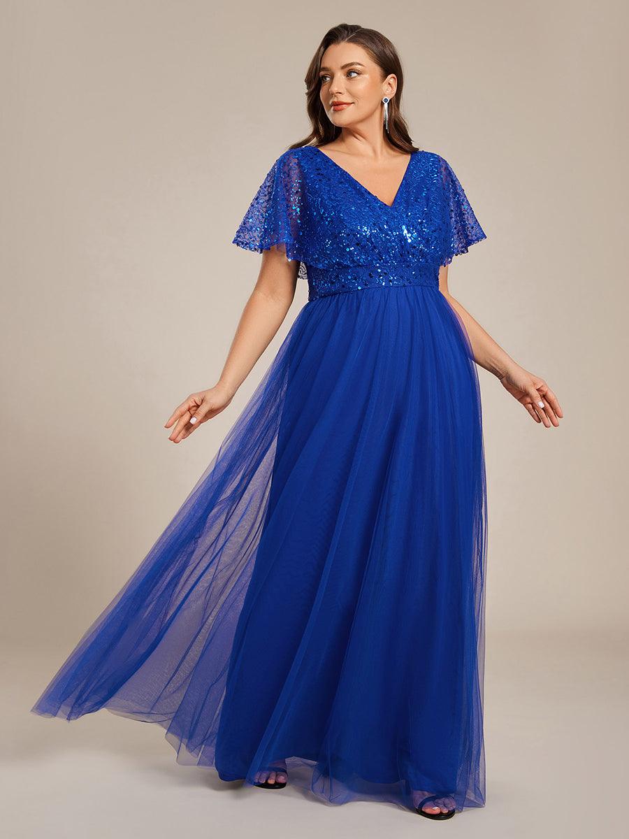 pretty NAVEYA|Plus Size Short Sleeves Sequin V-Neck Formal Evening Dress with Tulle