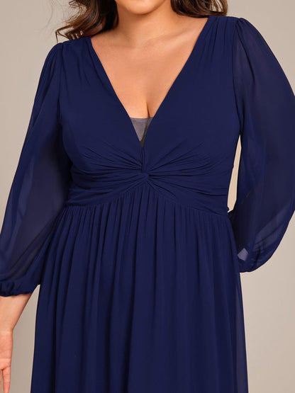 pretty TRU|Plus Size A-Line Pleated Long Lantern Sleeves Chiffon Formal Evening Dress