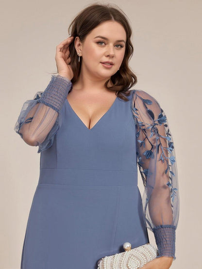 ever RYLEE|See-Through Long Sleeve V-Neck High Slit Chiffon Formal Evening Dress